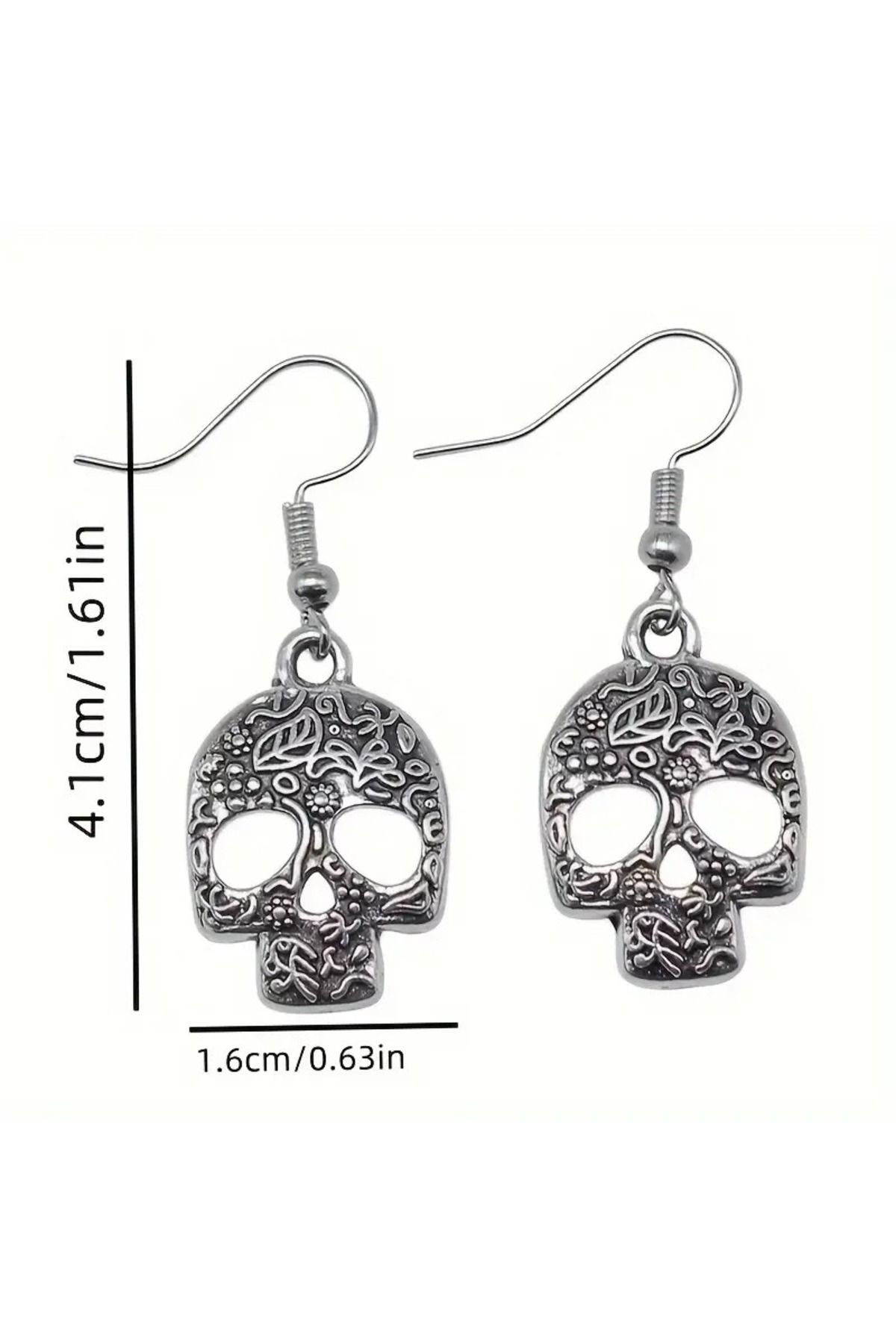 Gümüş Alaşım Kurukafa Gotik Küpe 4 x 2 cm