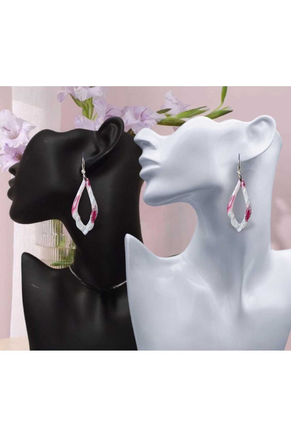 Dodemert Home Gümüş Beyaz -Bordo Polimer Kil & Epoksi Tasarım Küpe