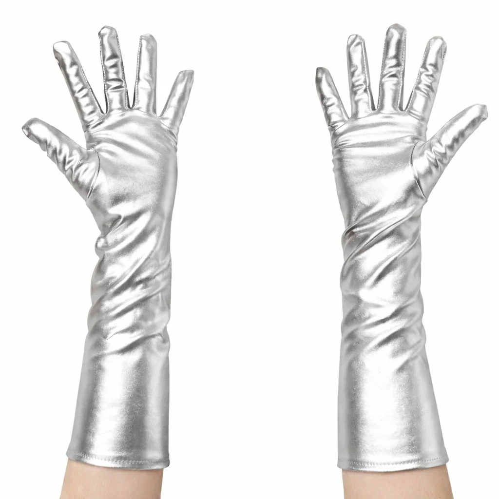 Gümüş Dirsek Altı Saten Eldiven - Parlak Sahne ve Parti Eldiveni 40 cm