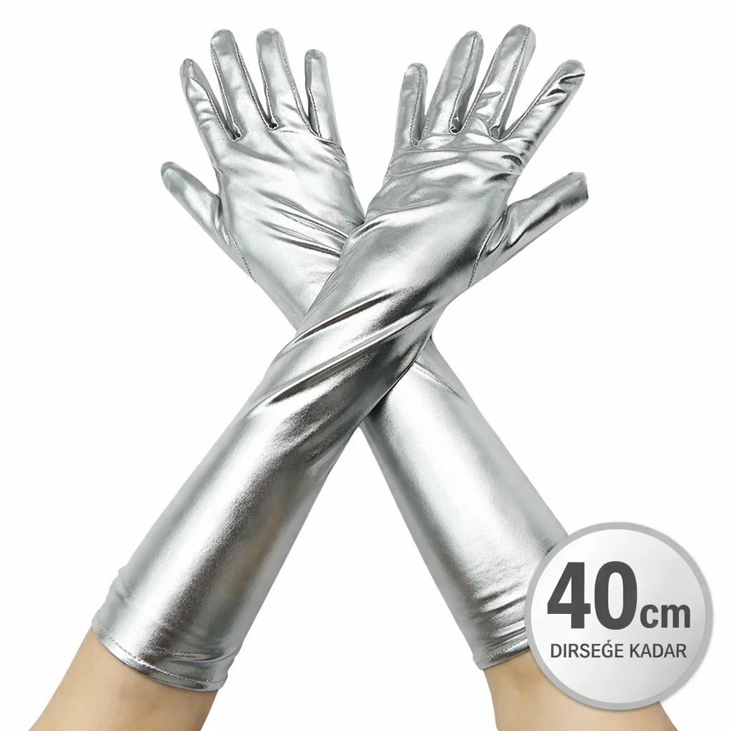 Gümüş Dirsek Altı Saten Eldiven - Parlak Sahne ve Parti Eldiveni 40 cm