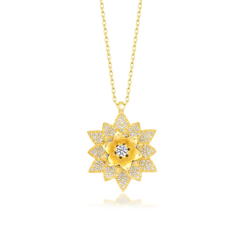 Gümüş Gold Beyaz Taşlı Lotus Çiçeği Kadın Kolye SL5451 Gümüş Gold Beyaz Taşlı Lotus Çiçeği Kadın Kolye SL5451