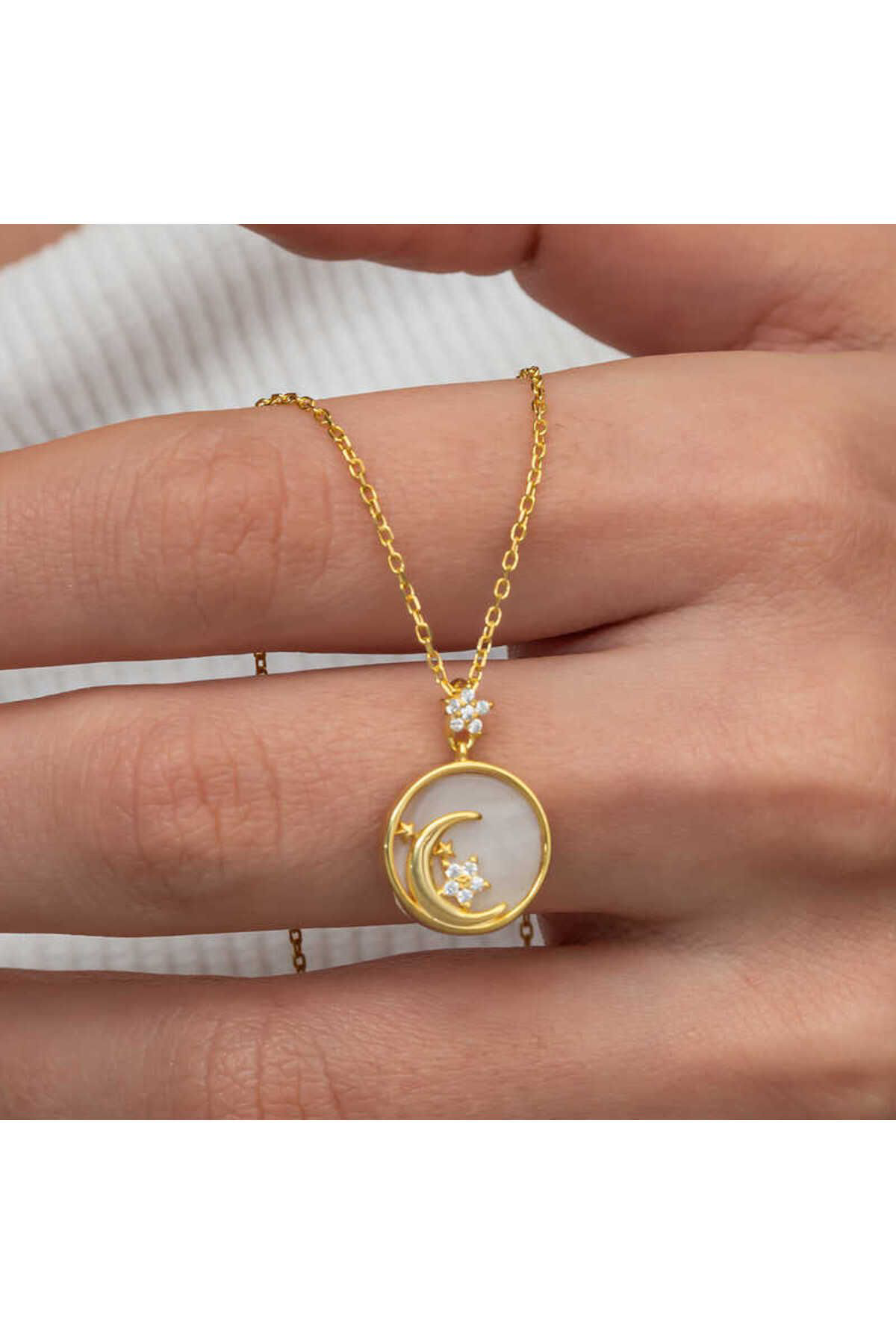 Oniks Gümüş Gold Sedef Taşlı Ay Yıldız Hilal Kadın Kolye