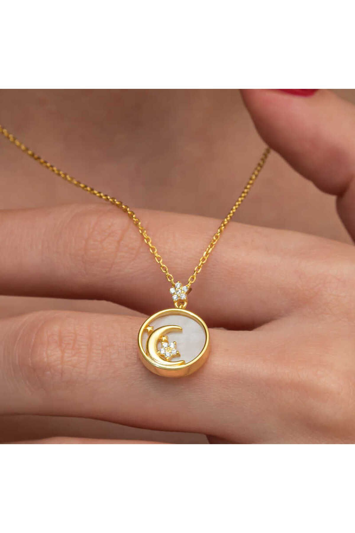 Oniks Gümüş Gold Sedef Taşlı Ay Yıldız Hilal Kadın Kolye