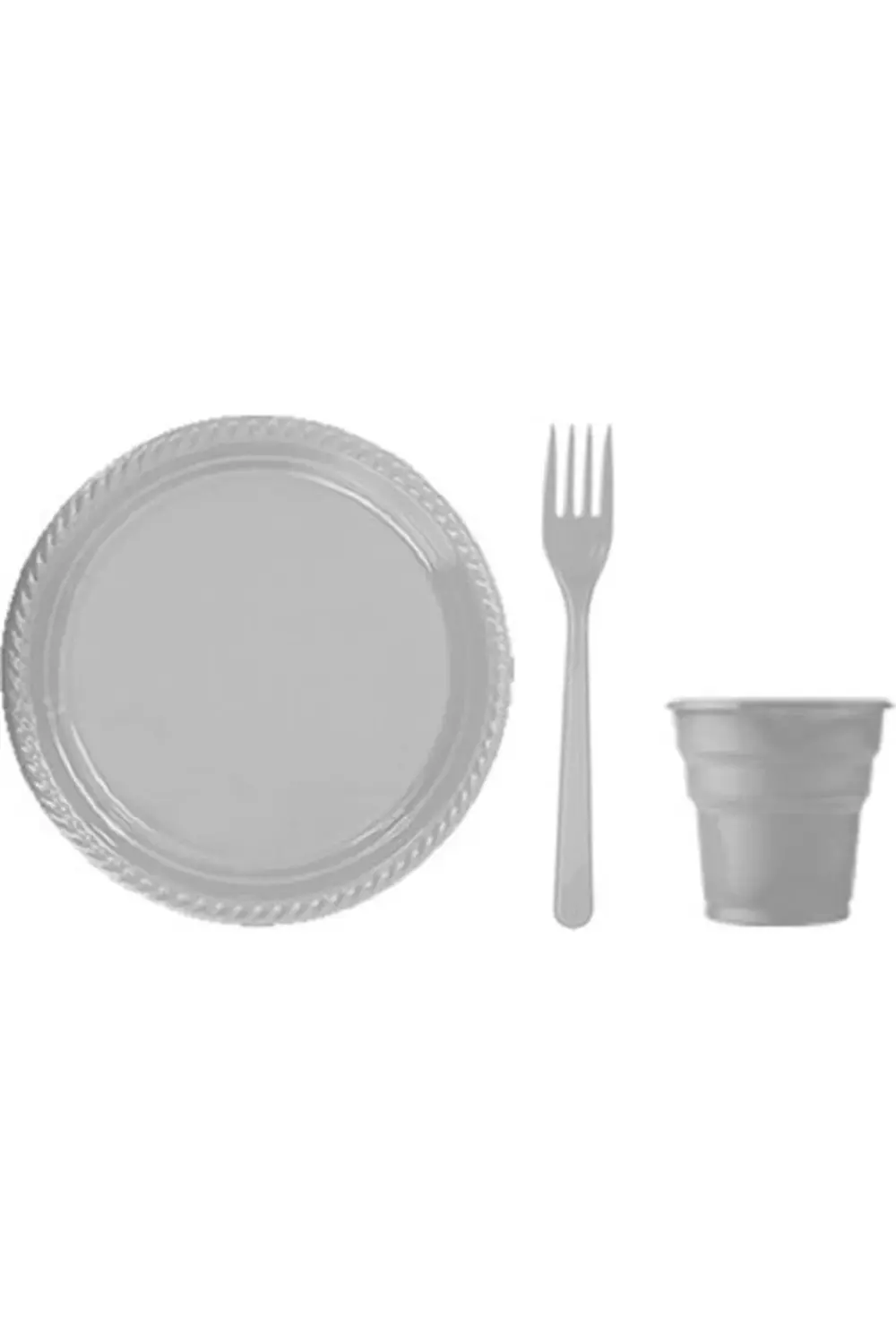 Gümüş-gri Plastik Tabak-bardak-çatal Set