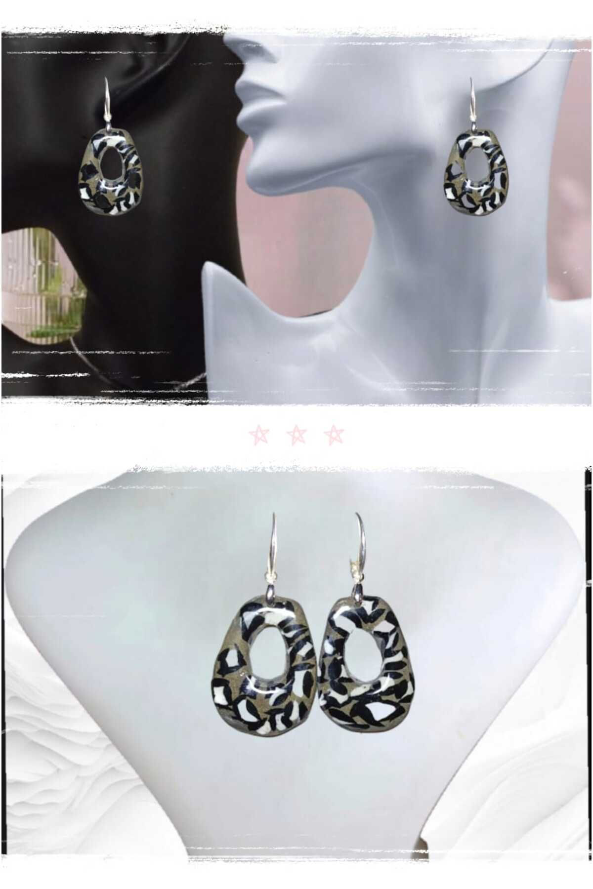 Gümüş Gri-siyah Polimer Kil & Epoksi Tasarım Küpe