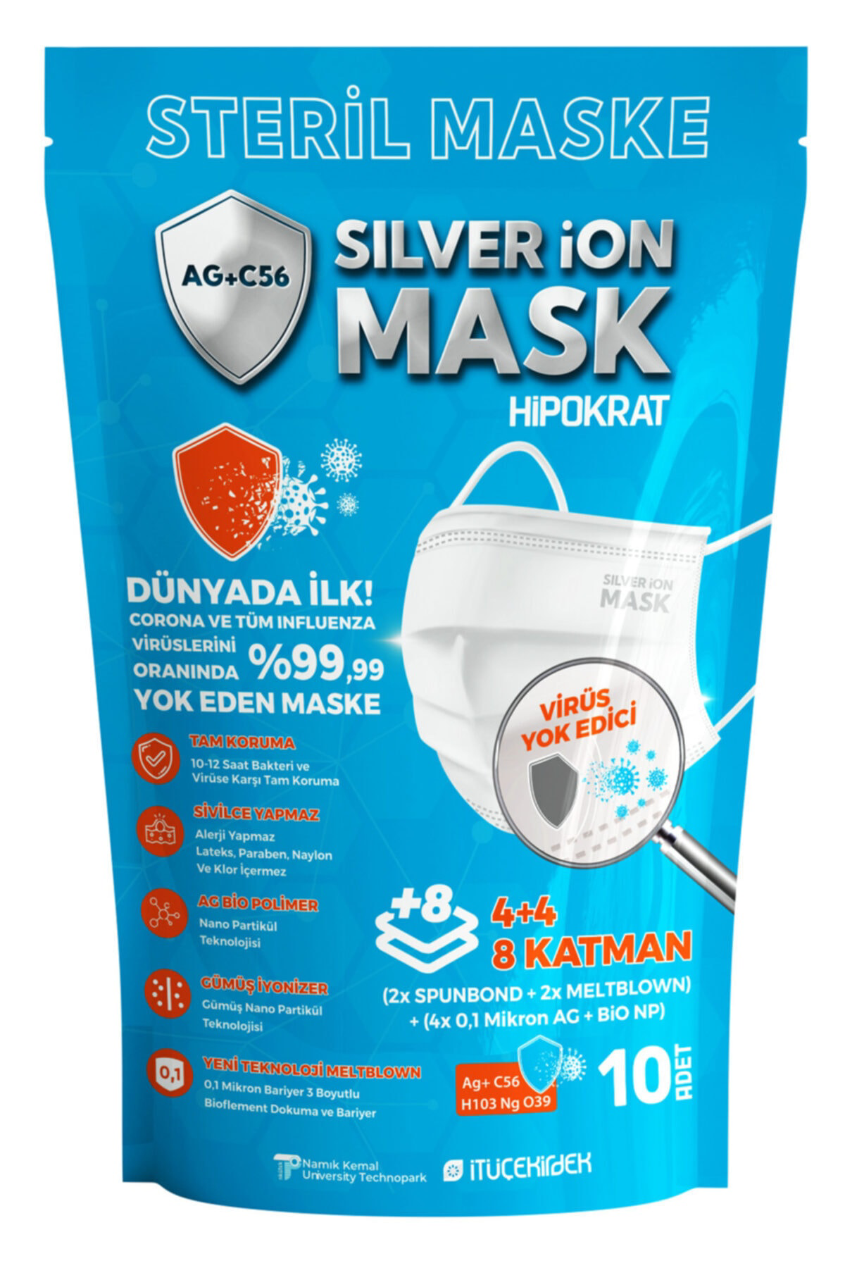 Silverionmask Gümüş İon & Bio Polimer 4+4=8 Katmanlı Virüs Yok Edici 2 Paket Ce