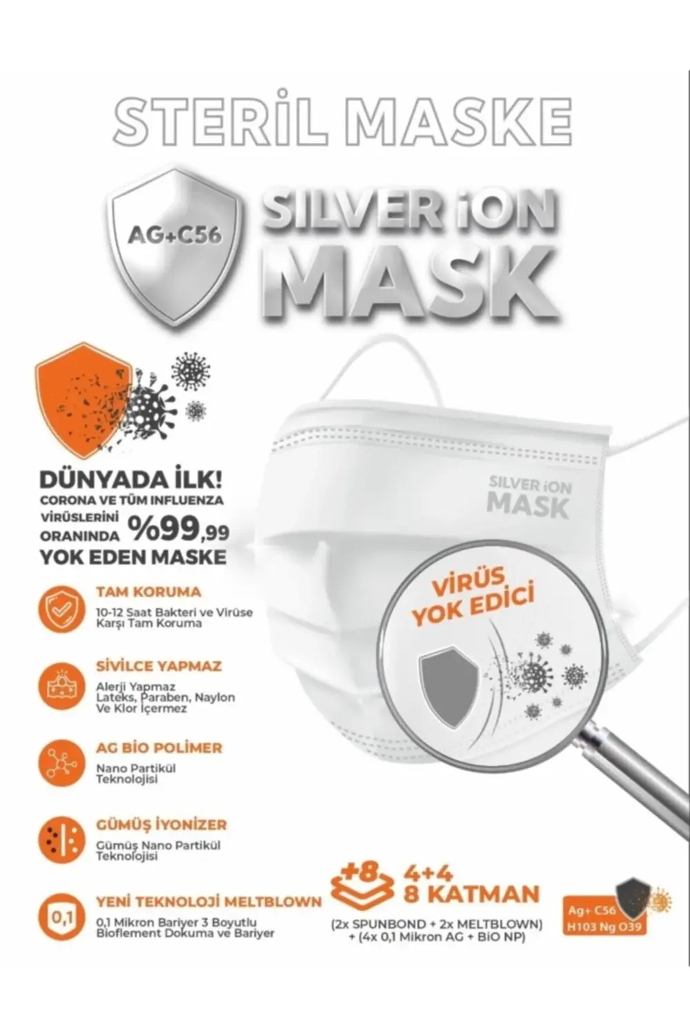 Gümüş Ion Bio Polimer 4+4=8 Katmanlı Virüs Yok Edici 10 Paket Cer
