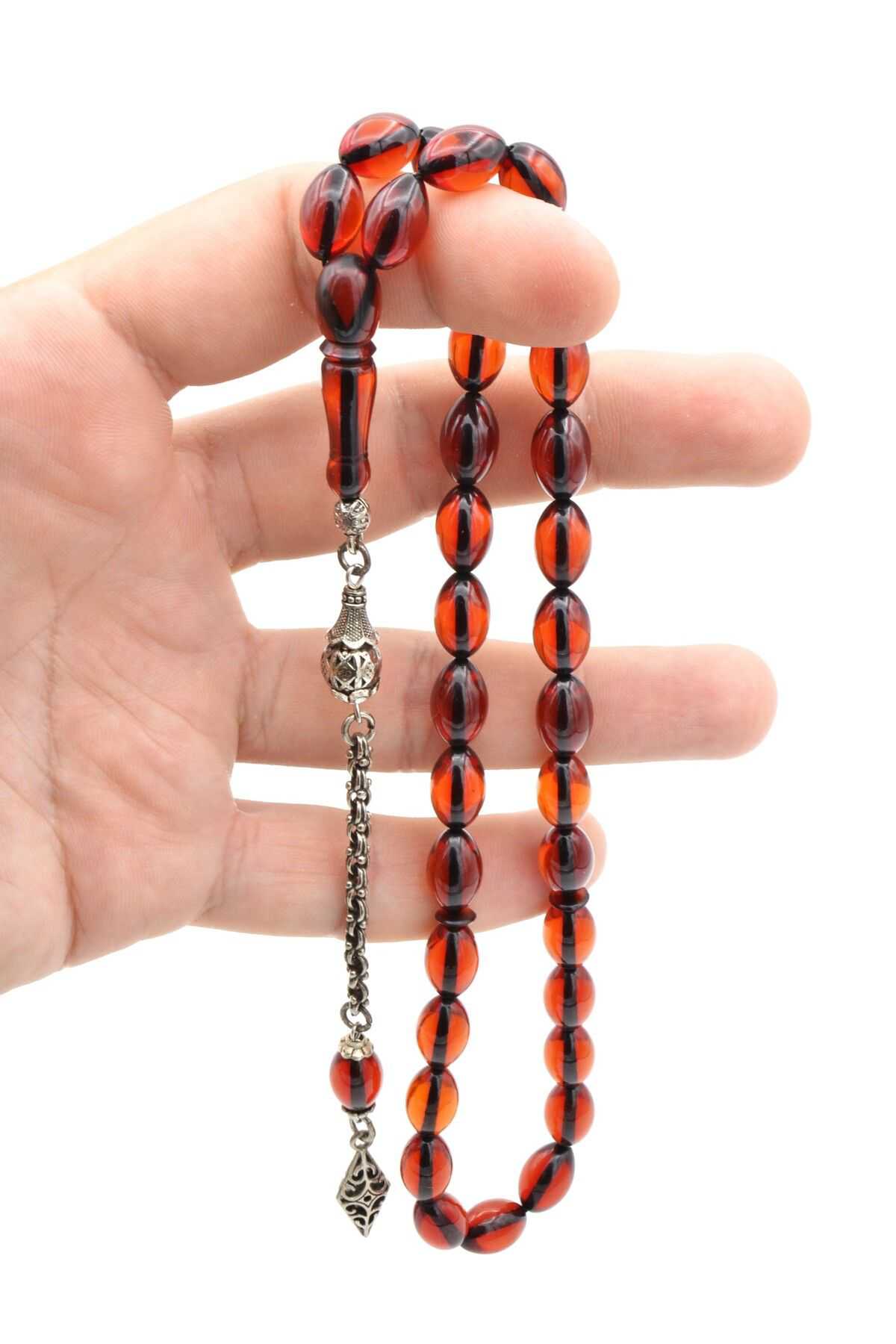 Gümüş Kaplama Kamçılı Faris Döküm Beyzi Kesim Turuncu Sıkma Kehribar Tesbih