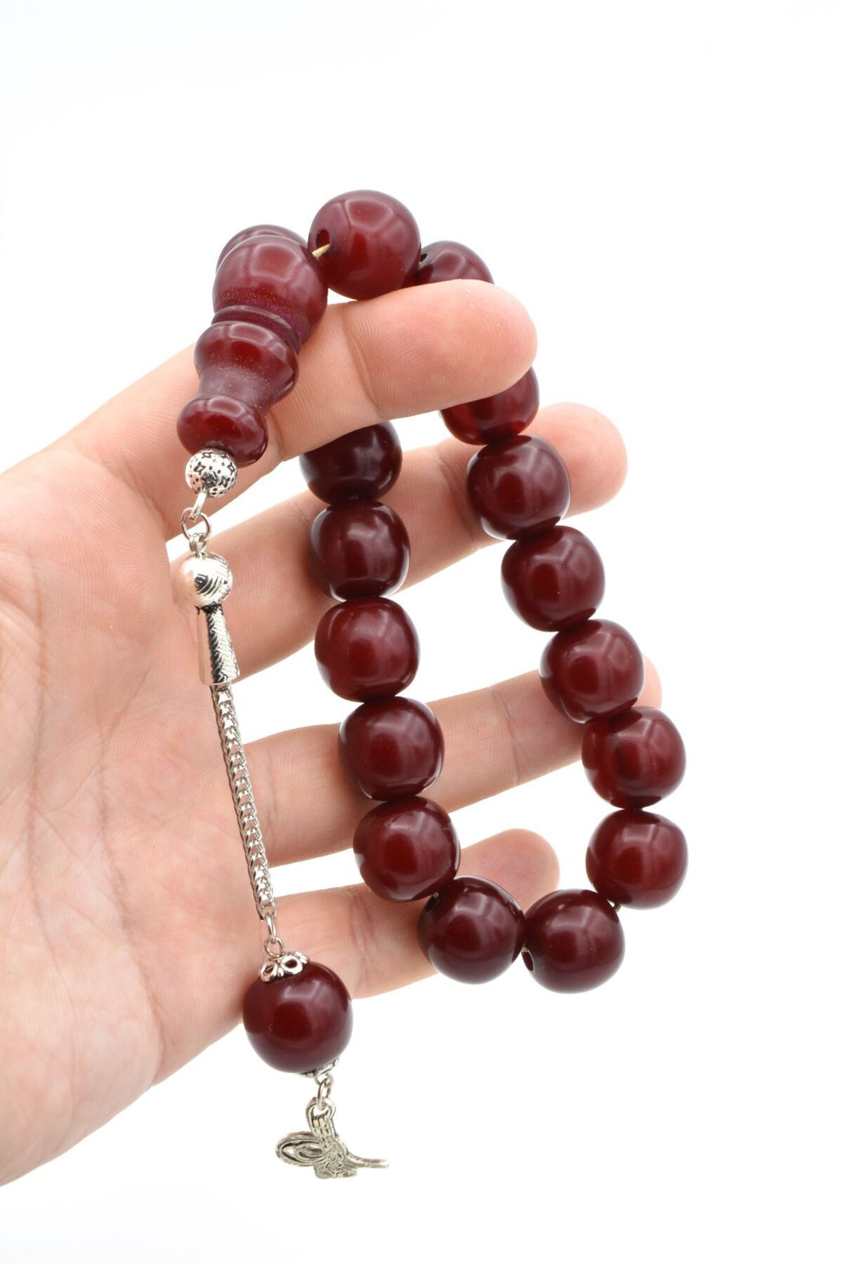 Murty99 Gümüş Kaplama Kamçılı Vişne Rengi Sıkma Kehribar Efe Maskot Tesbih