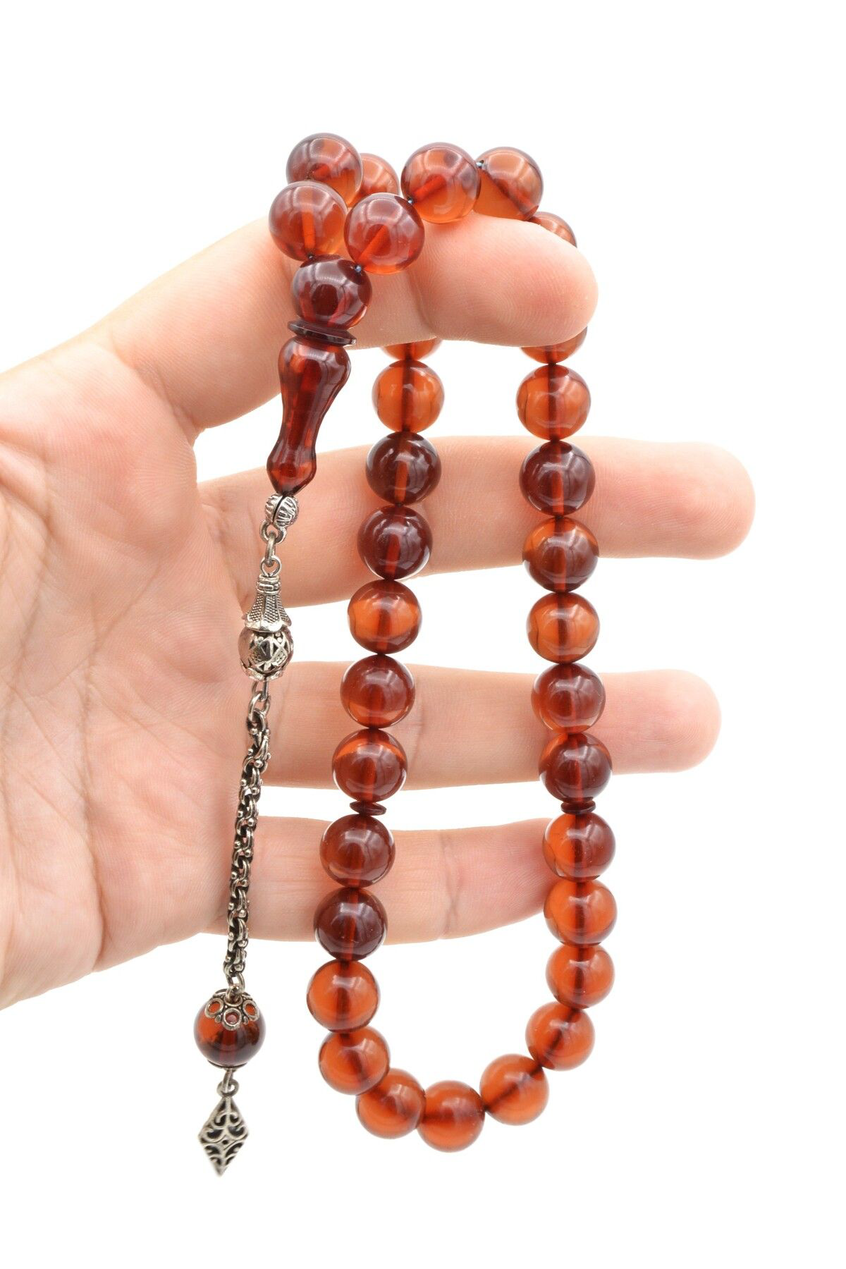 Gümüş Kaplama Kamçılı Faris Döküm Küre Kesim Bej Sıkma Kehribar Tesbih