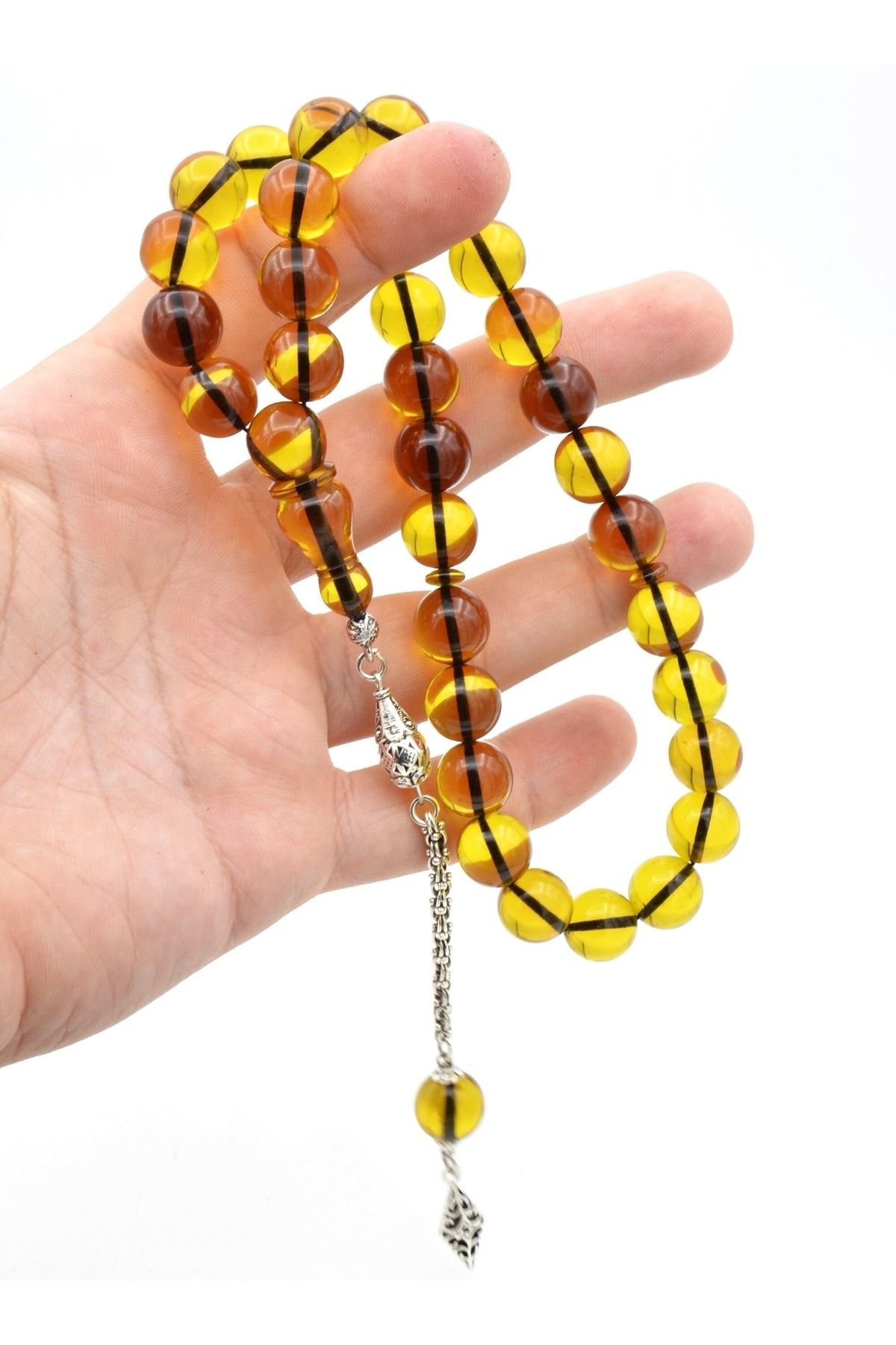 Murty99 Gümüş Kaplama Kamçılı Faris Döküm Küre Kesim Sarı Sıkma Kehribar Tesbih