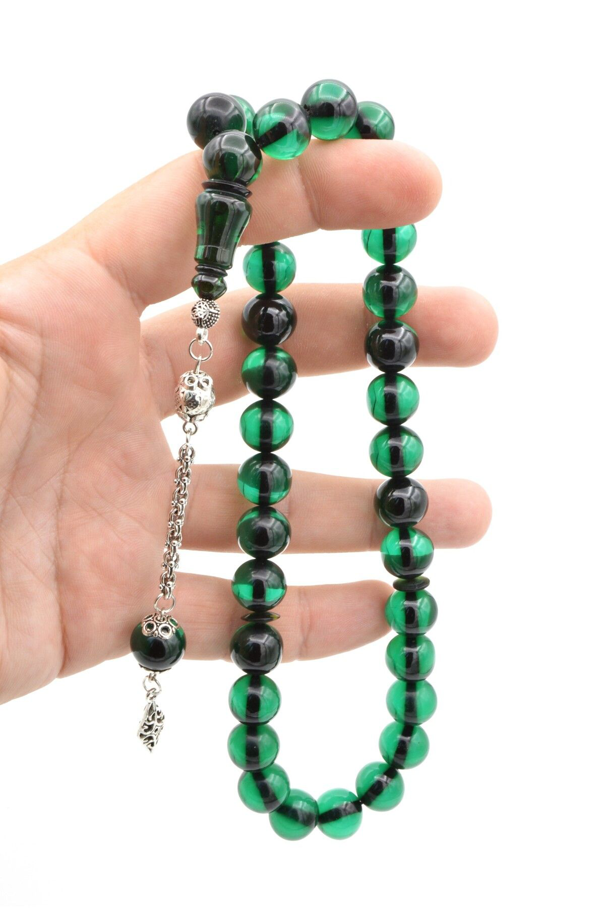 Murty99 Gümüş Kaplama Kamçılı Faris Döküm Küre Kesim Mint Yeşili Sıkma Kehribar Tesbih