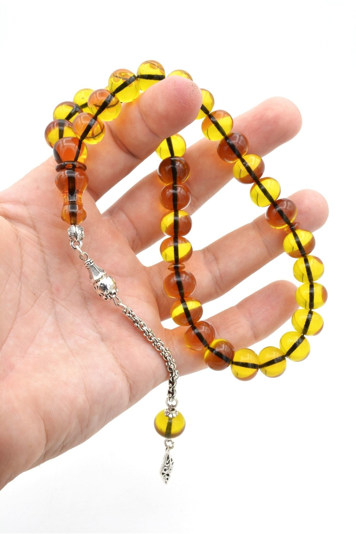 Murty99 Gümüş Kaplama Kamçılı Faris Döküm Tekerlek Kesim Sarı Sıkma Kehribar Tesbih