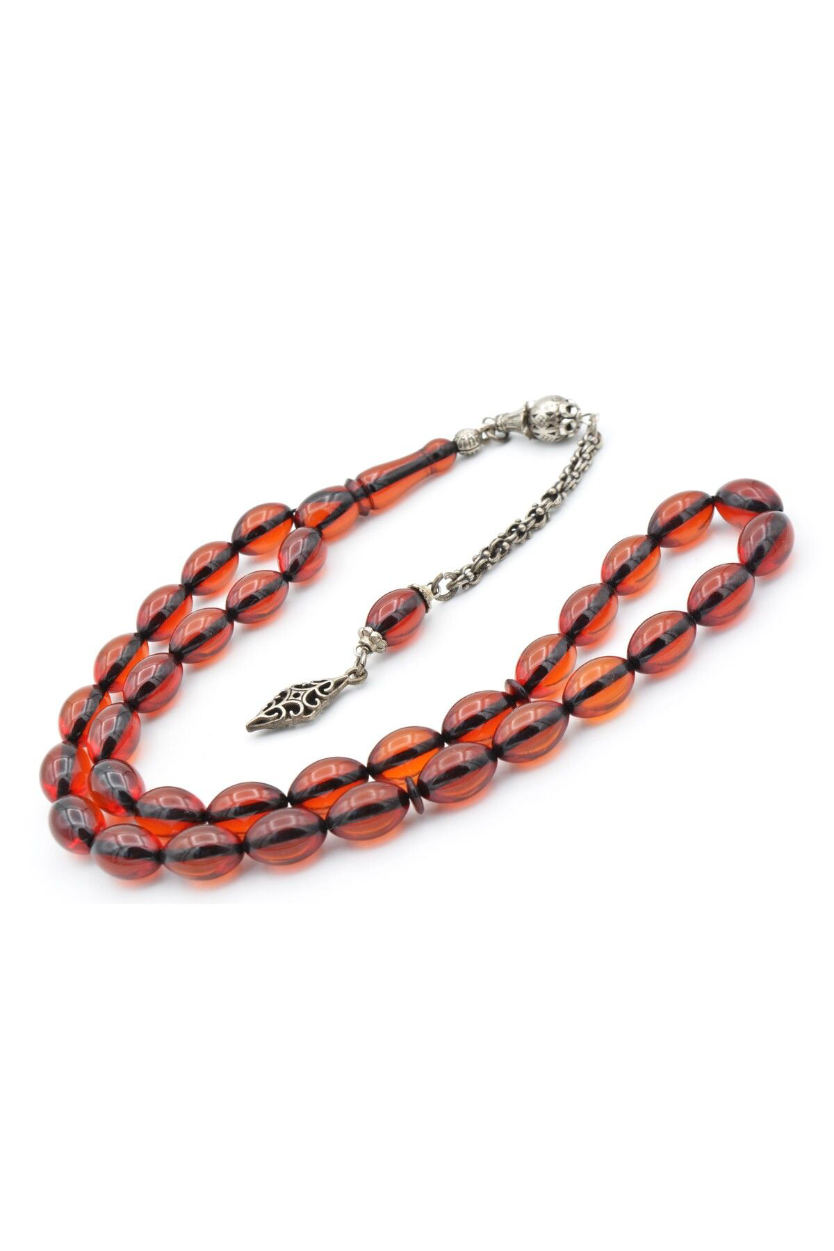 Gümüş Kaplama Kamçılı Faris Döküm Beyzi Kesim Turuncu Sıkma Kehribar Tesbih