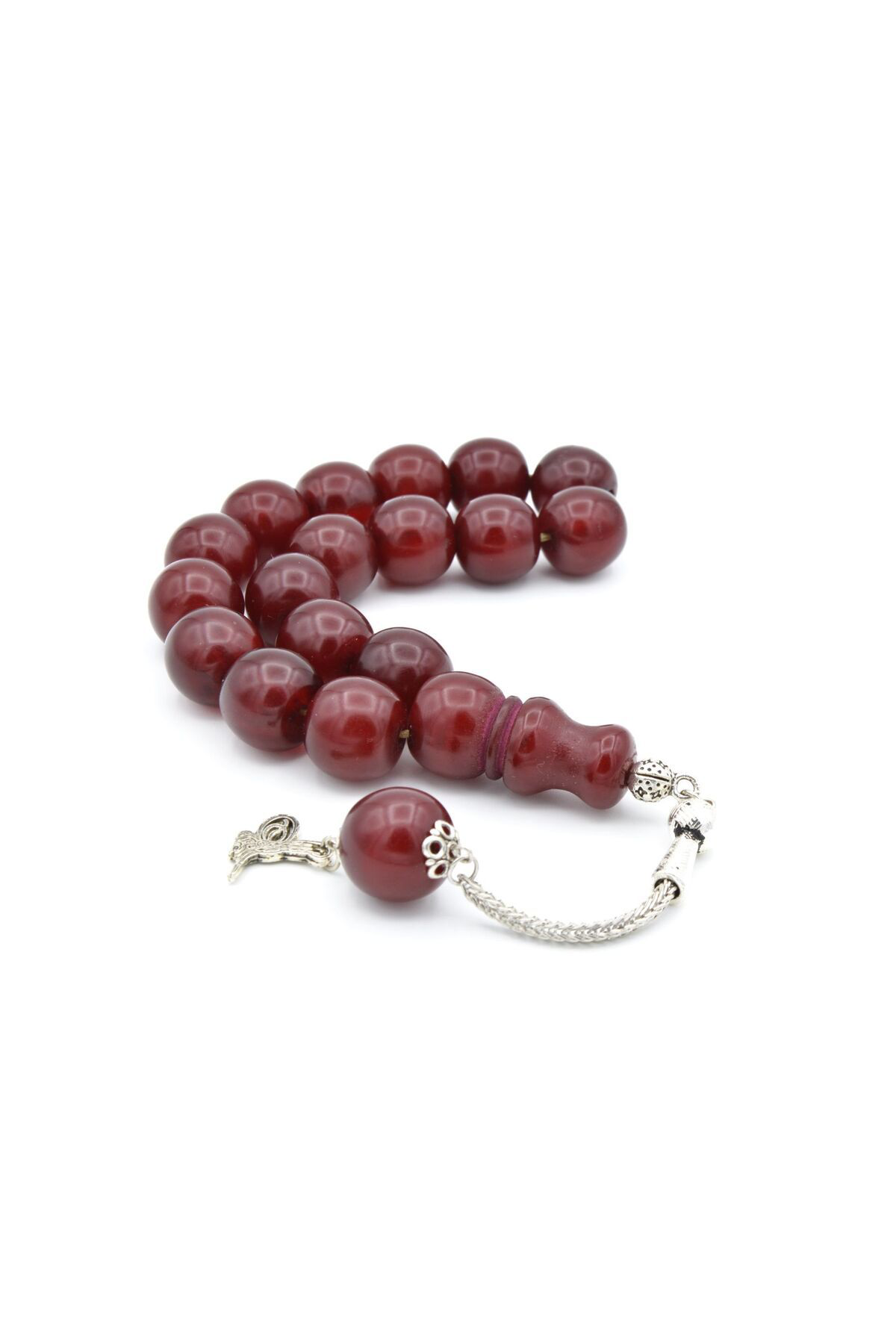 Murty99 Gümüş Kaplama Kamçılı Vişne Rengi Sıkma Kehribar Efe Maskot Tesbih