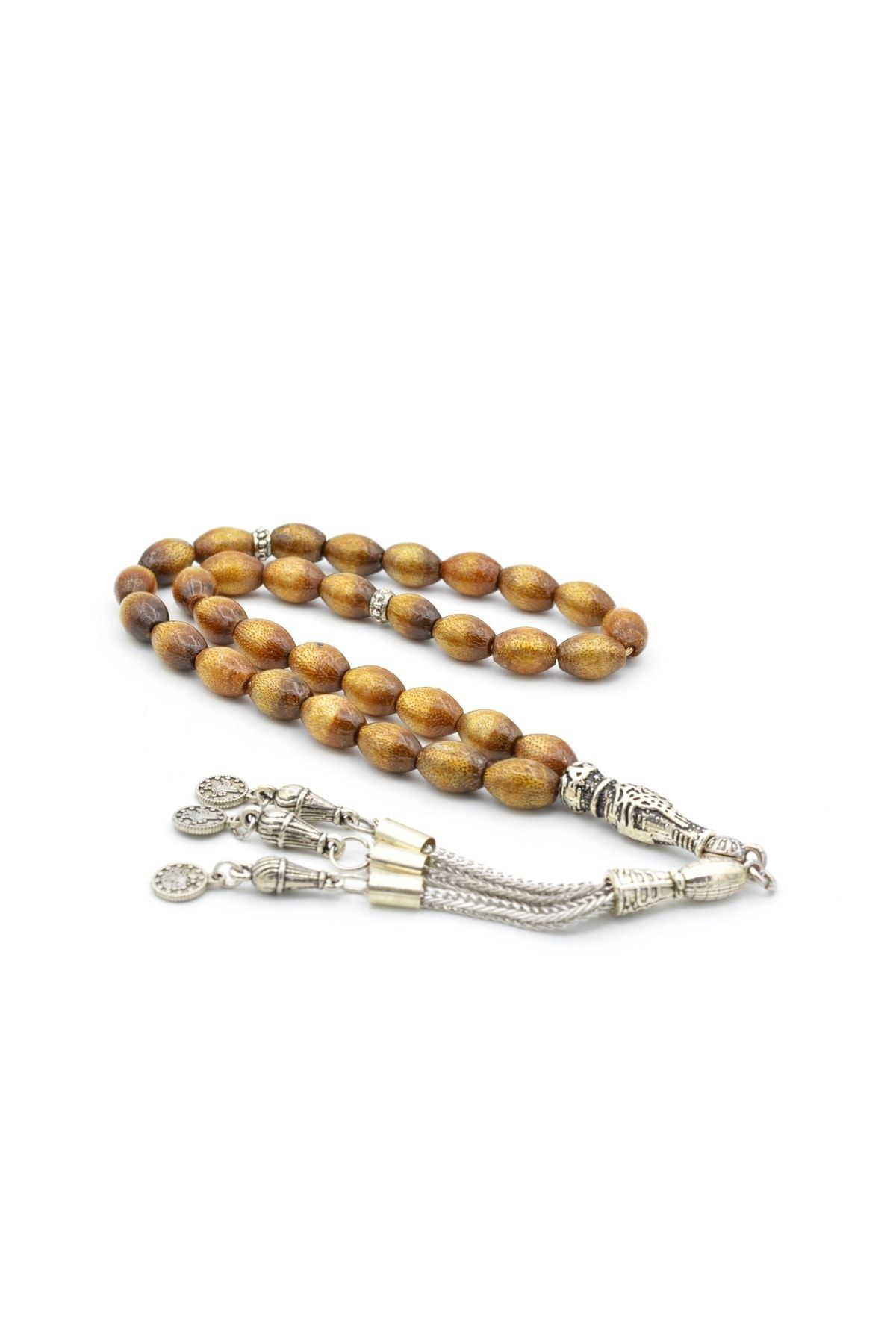 Gümüş Kaplama Püsküllü Arpa Kesim Altın Mercan Tesbih