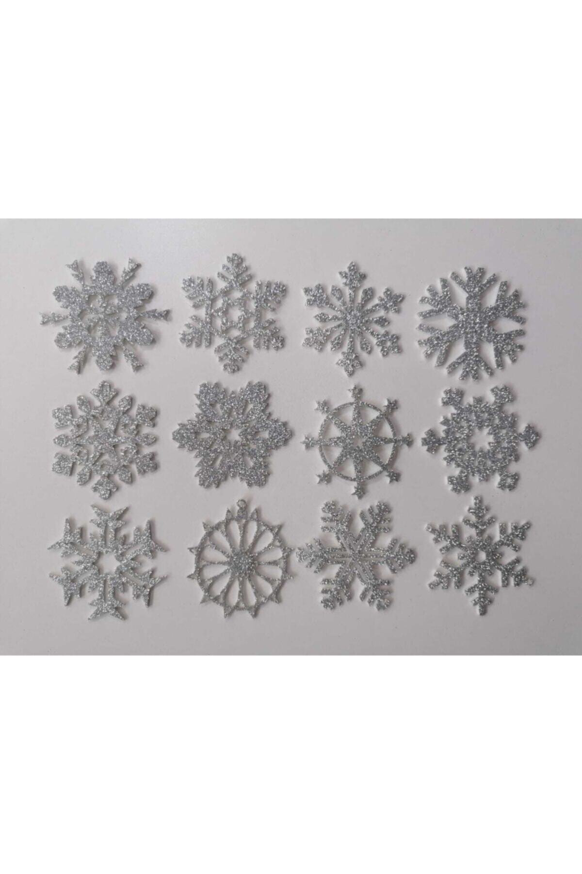 Leylaser Gümüş Kar Tanesi Simli Eva Ağaç Ve Hediye Süsü 8X8cm 12Li
