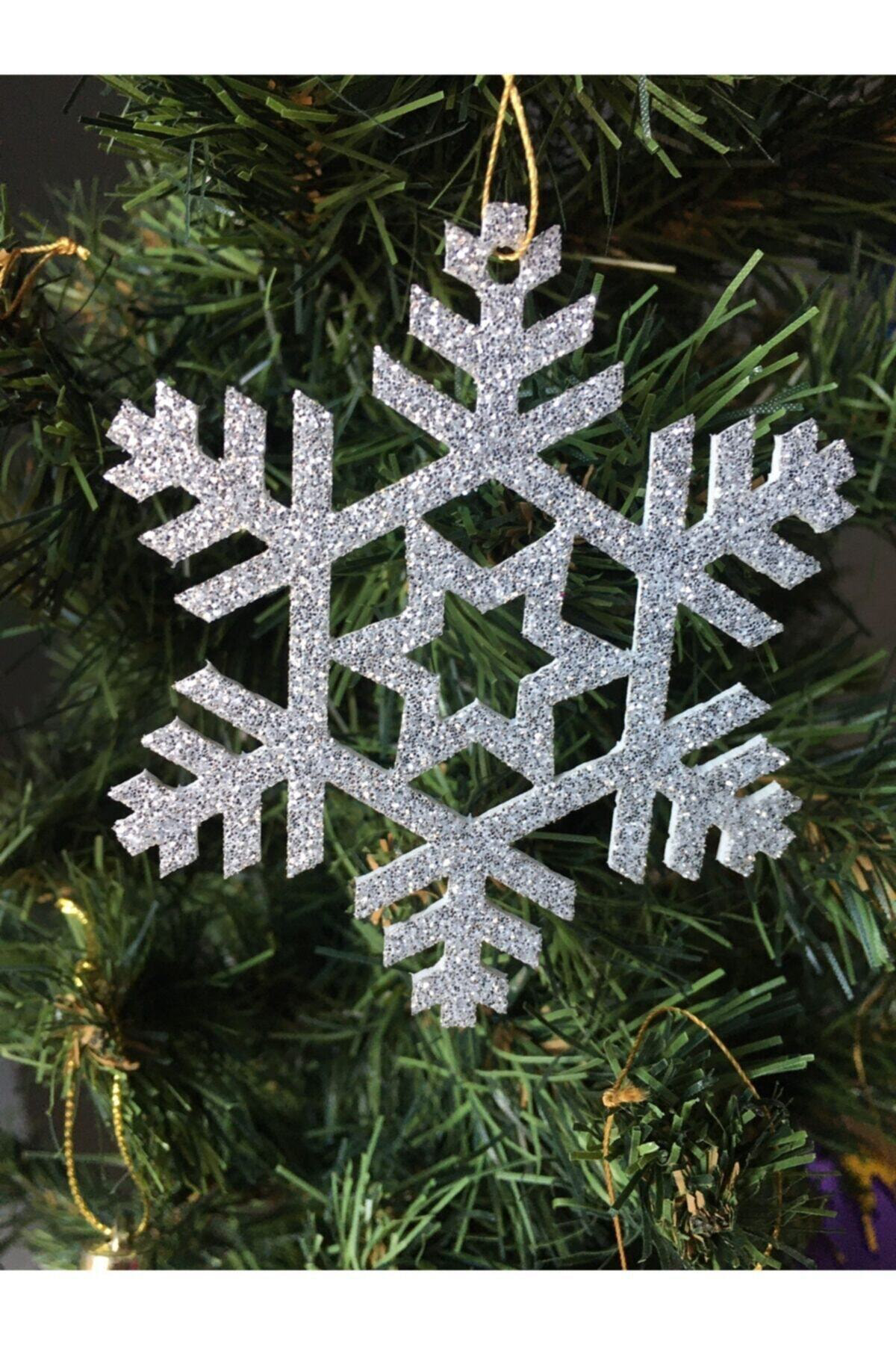 Leylaser Gümüş Kar Tanesi Simli Eva Ağaç Ve Hediye Süsü 8X8cm 12Li