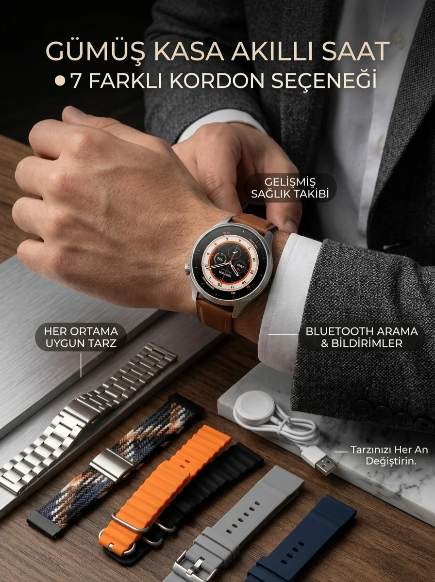 Gümüş Kasa Akıllı Saat - 6 Yedek Kordon Hediyeli, Bluetooth Spor Saati ve Nabız Ölçer