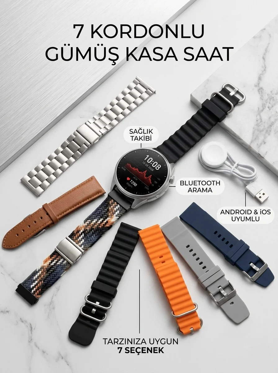 Gümüş Kasa Akıllı Saat - 6 Yedek Kordon Hediyeli, Bluetooth Spor Saati ve Nabız Ölçer