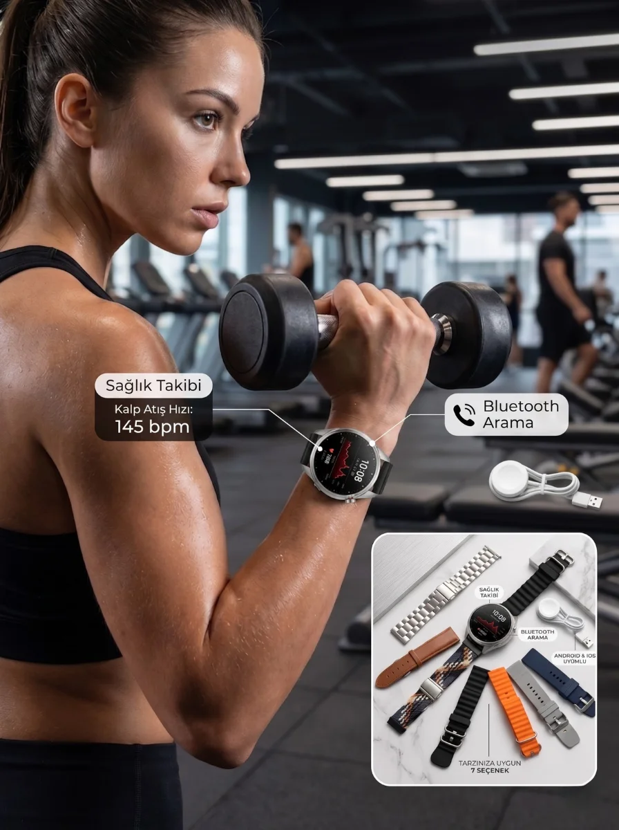 Gümüş Kasa Akıllı Saat - 6 Yedek Kordon Hediyeli, Bluetooth Spor Saati ve Nabız Ölçer