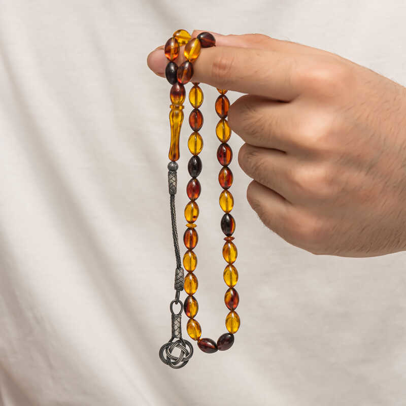 Gümüş Kazaz Püsküllü Sıkma Kehribar Tesbih  SL8819