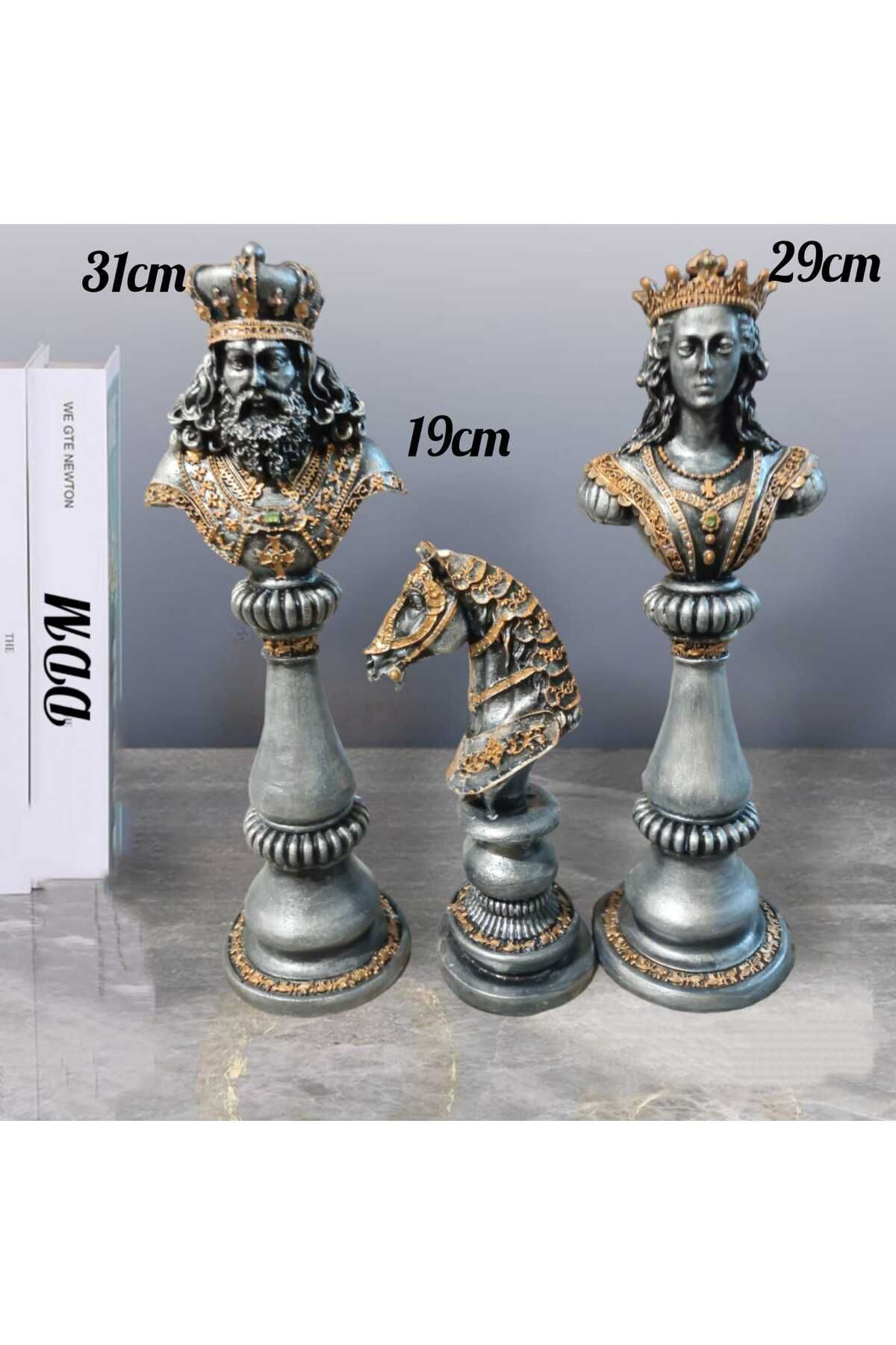 Gümüş Kral Kraliçe At Satranç Seti Polyester 3 Lu Takım
