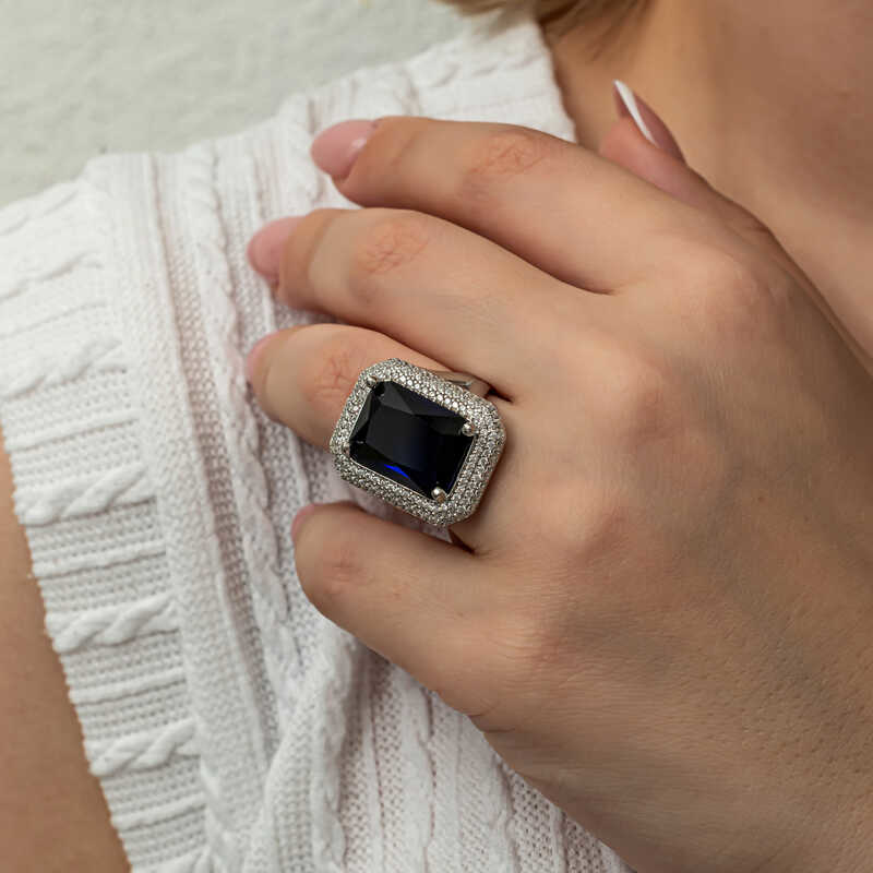 Gümüş Lacivert Zirkon Taşlı Kadın Yüzük SL8176