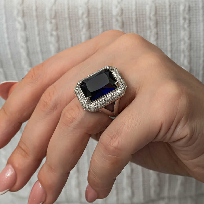 Gümüş Lacivert Zirkon Taşlı Kadın Yüzük SL8176