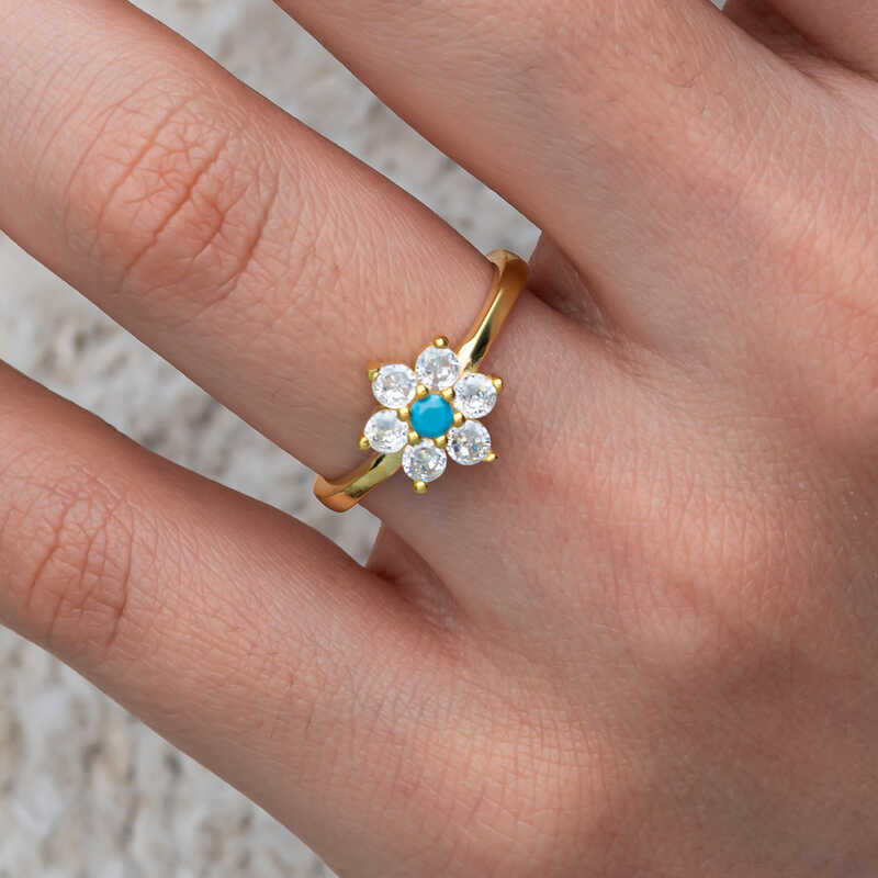 Gümüş Mavi Taşlı Gold Çiçek Kadın Yüzük SL11531