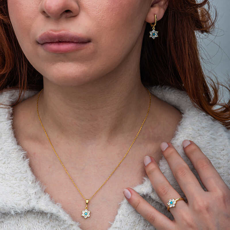 Stillove Gümüş Mavi Taşlı Gold Çiçek Kadın Set Sl11532