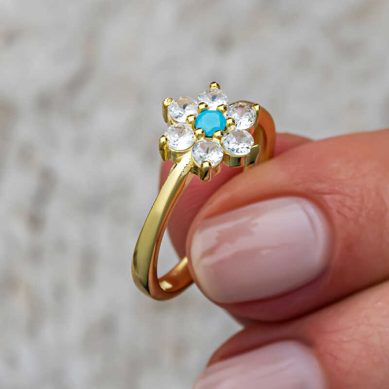 Gümüş Mavi Taşlı Gold Çiçek Kadın Yüzük SL11531