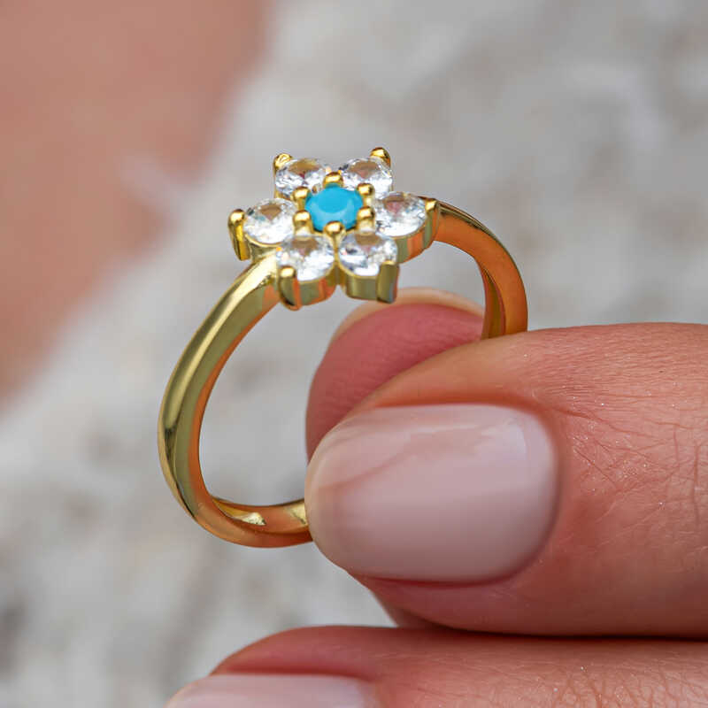 Gümüş Mavi Taşlı Gold Çiçek Kadın Yüzük SL11531