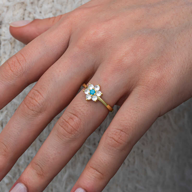 Gümüş Mavi Taşlı Gold Çiçek Kadın Yüzük SL11531