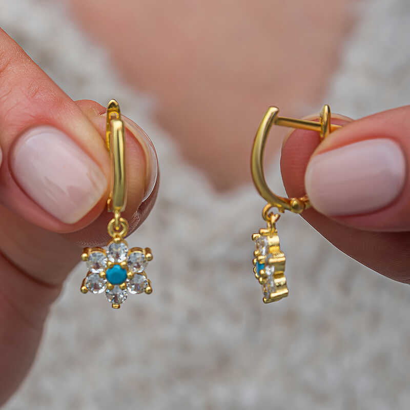 Gümüş Mavi Taşlı Gold Çiçek Kadın Küpe SL11530
