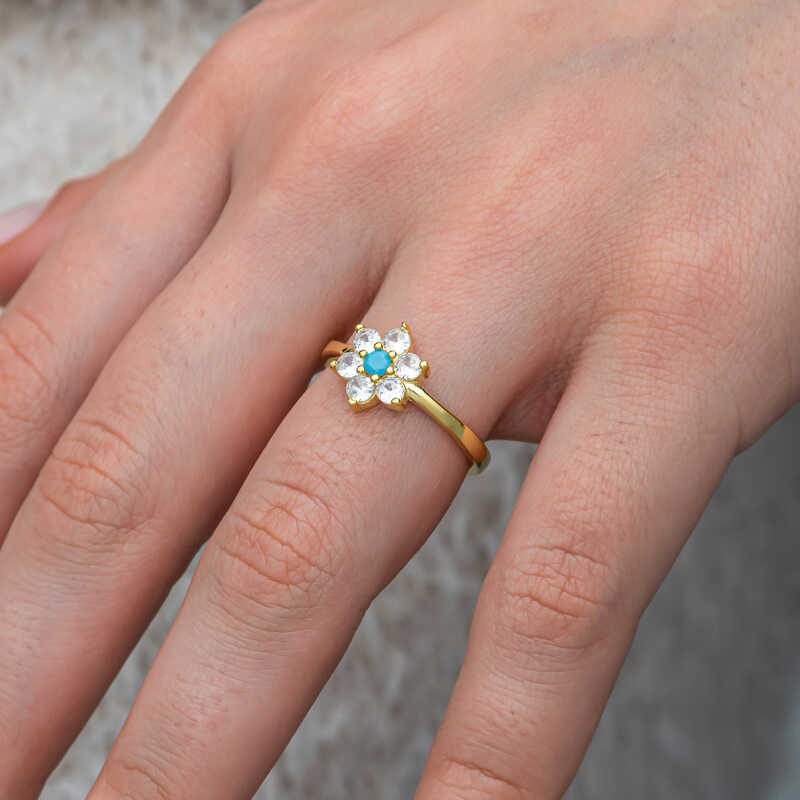 Gümüş Mavi Taşlı Gold Çiçek Kadın Yüzük SL11531