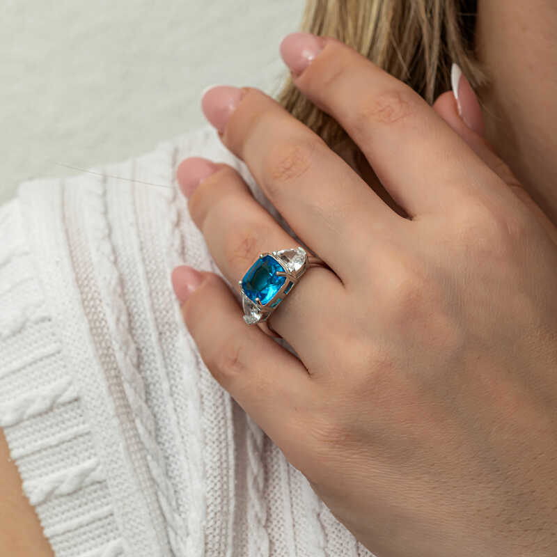 Gümüş Mavi Zirkon Taşlı Kadın Yüzük T8913 SL8253