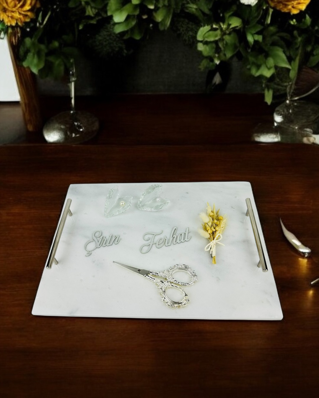 Cyzhome Gümüş Mermer Söz Tepsisi Ve Damat Kahve Fincan Tepsisi