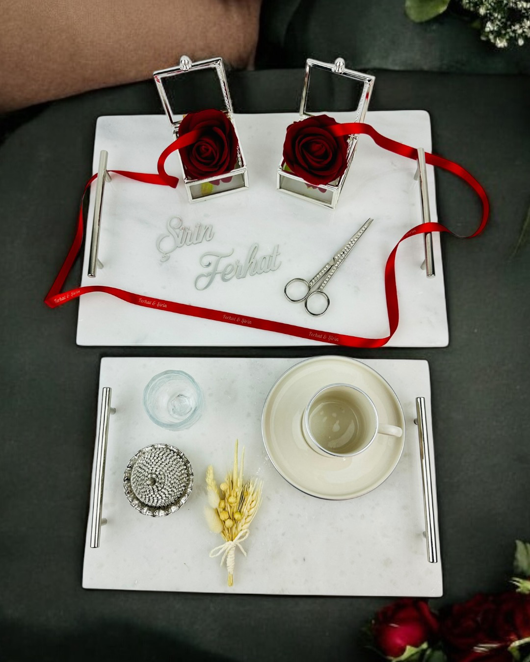 Cyzhome Gümüş Mermer Söz Tepsisi Ve Damat Kahve Fincan Tepsisi