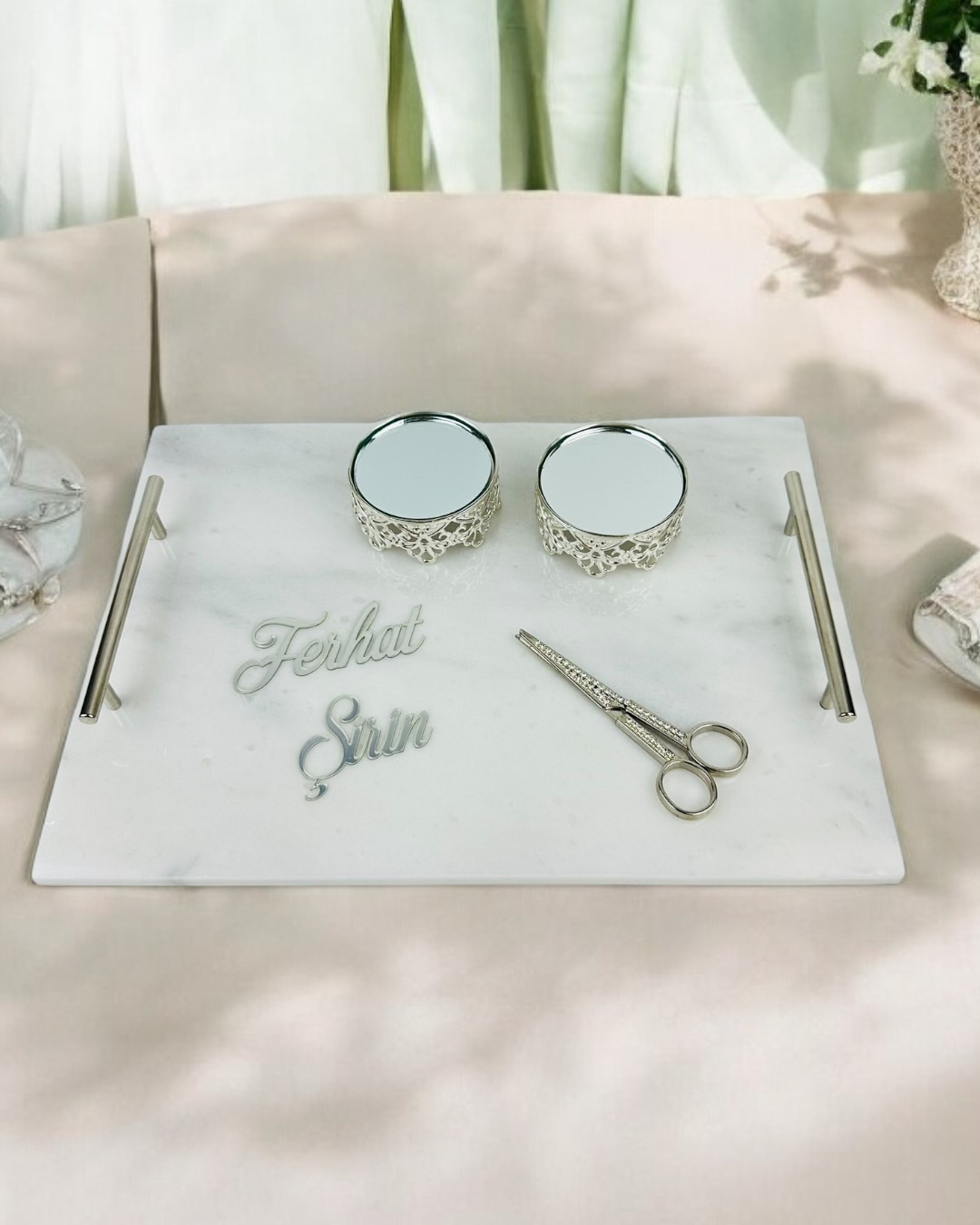 Cyzhome Gümüş Mermer Söz Tepsisi Ve Damat Kahve Fincan Tepsisi