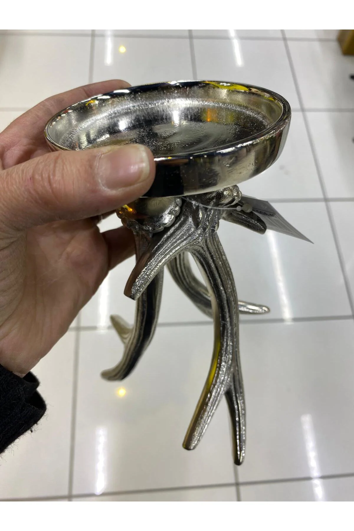 Gümüş Metal Döküm Geyik Boynuzu Mumluk
