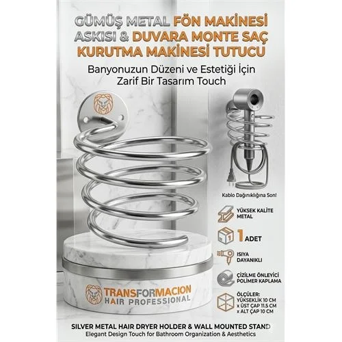 Gümüş Metal Fön Makinesi Askısı Duvara Monte Saç Kurutma Makinesi