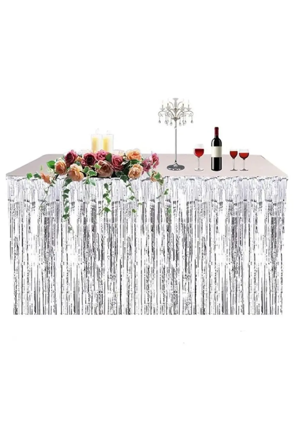 Parti Kırtasiye Gümüş Metalize Masa Eteği + Plastik Siyah Masa Örtüsü