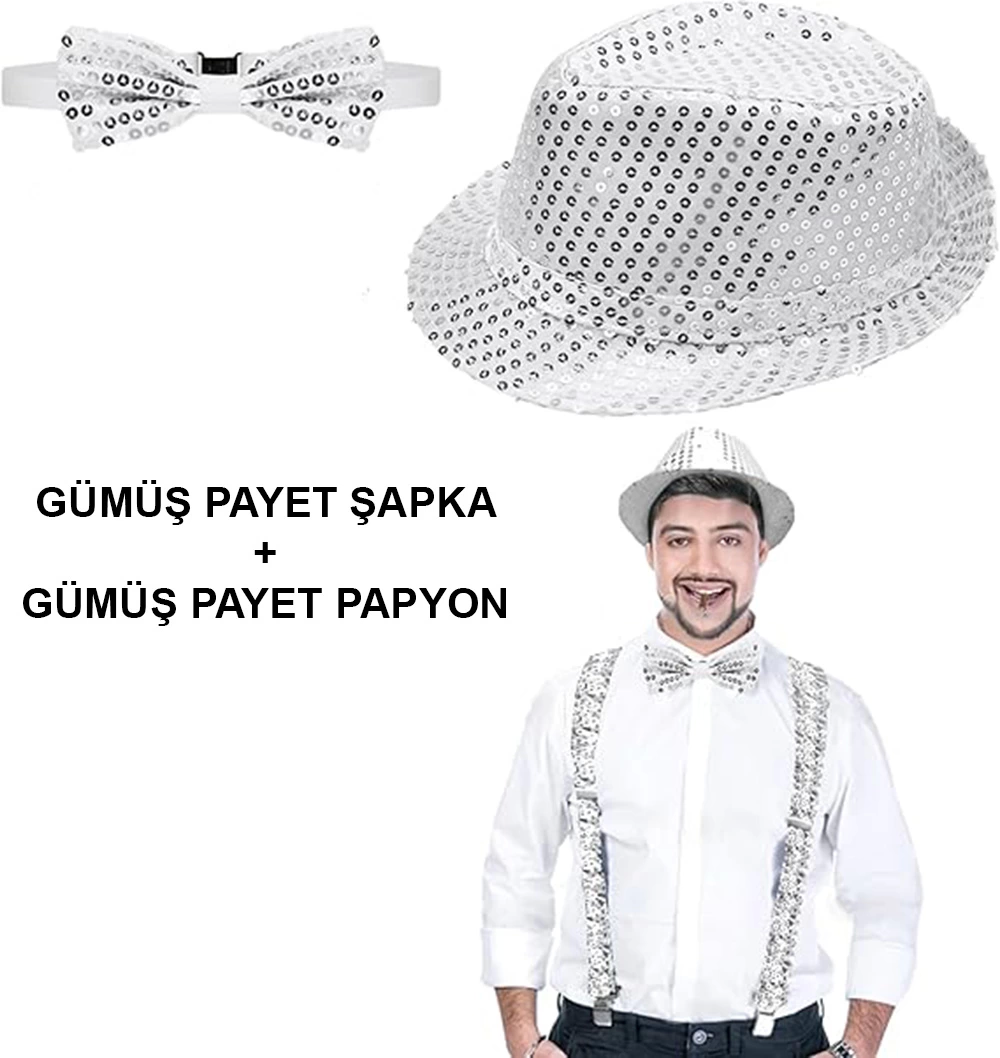 Gümüş Payetli Şapka Ve Papyon Seti – Parıltılı Yetişkin Kostüm Se
