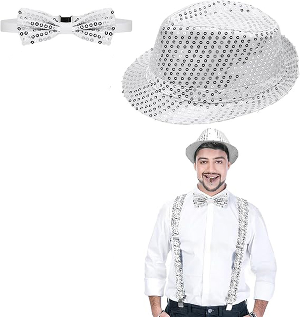 Gümüş Payetli Şapka ve Papyon Seti – Parıltılı Yetişkin Kostüm Se Gümüş Payetli Şapka ve Papyon Seti – Parıltılı Yetişkin Kostüm Se