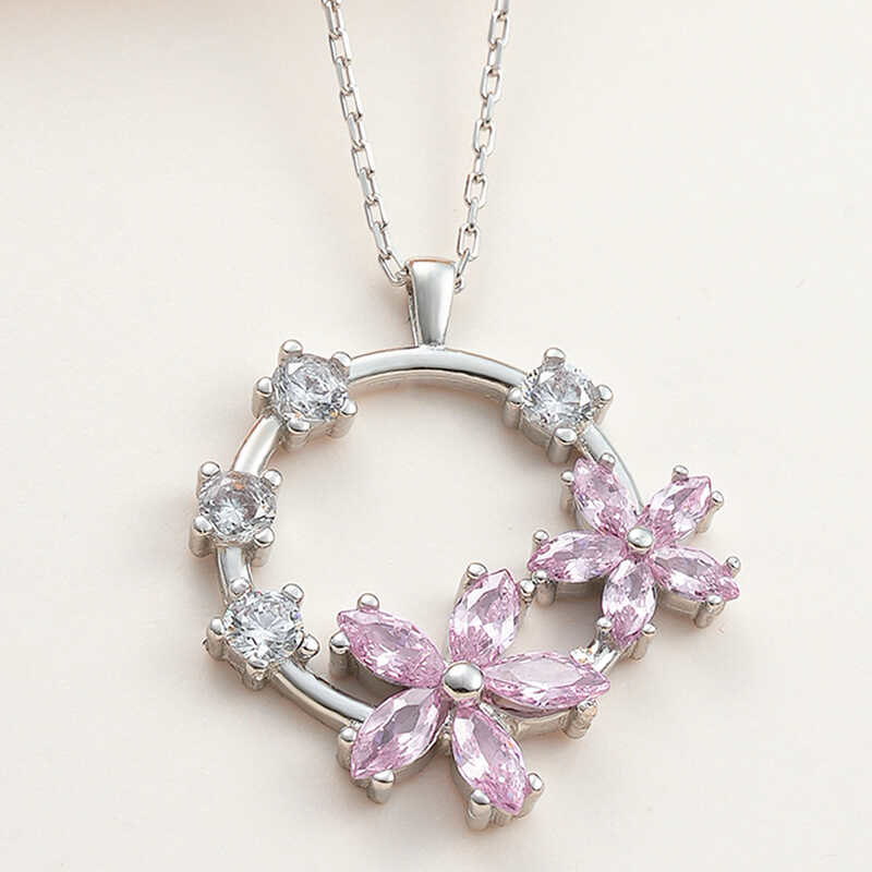 Gümüş Pembe Çiçek Kadın Kolye SL5994