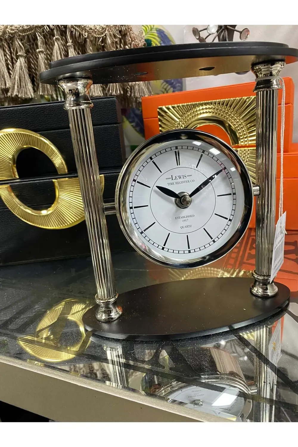 Gümüş Pirinç Sütunlu Lüx Masa Saati 21*19cm