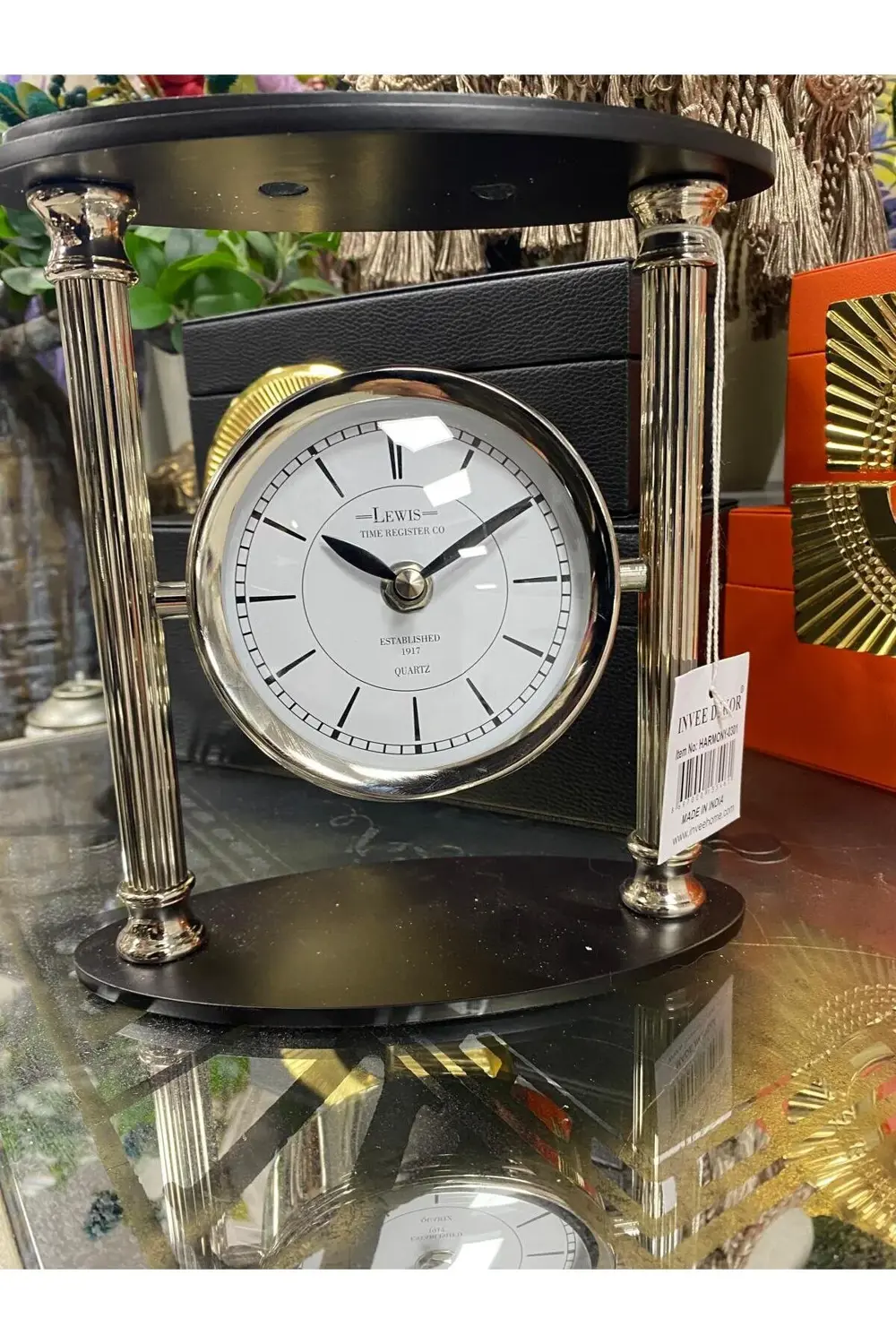 Gümüş Pirinç Sütunlu Lüx Masa Saati 21*19cm