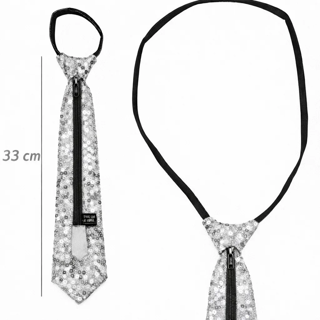 Gümüş Pul Payetli Parti Kravatı 33 cm – Fermuarlı Bağlama Gerektirmez - Görsel 2
