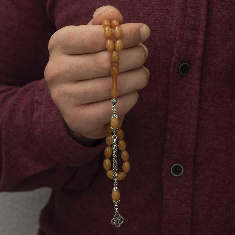 Gümüş Püskül Arpa Sıkma Kehribar Tesbih SL3790